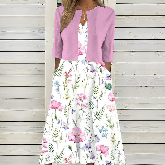 Pink halværmet print midi kjole