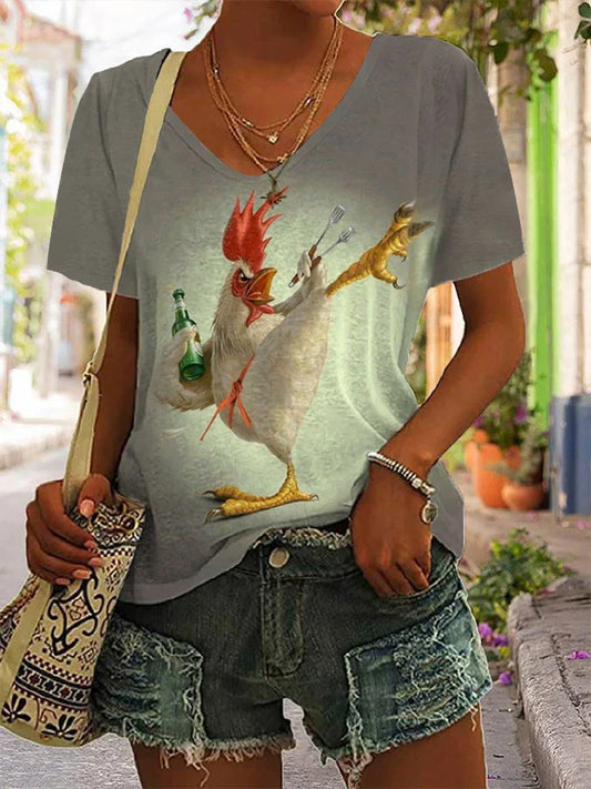 Funny Beer Chicken Print V-hals T-shirt til kvinder