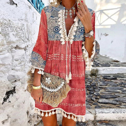 Bohemian Tassel Snøre Autumn Red Mini Kjole