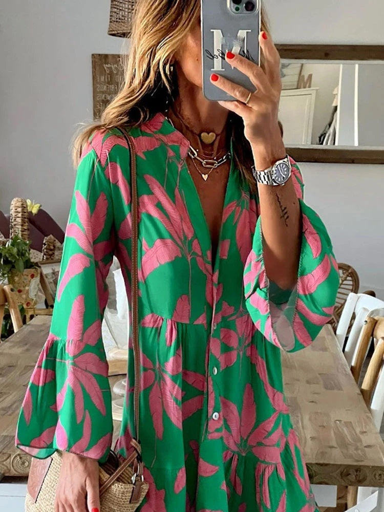 Elegant Boho Print Kvinder V-hals Flare Sleeve Casual Løs A-line kjole 2023