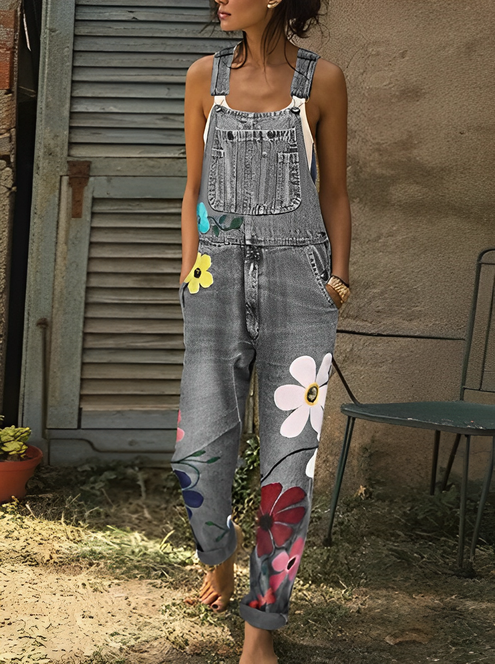 Denim overalls med blomstertryk til kvinder