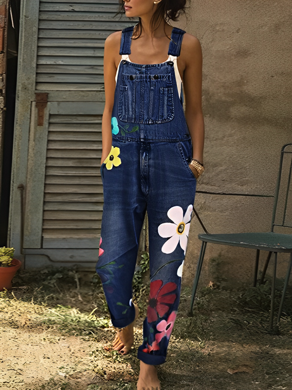 Denim overalls med blomstertryk til kvinder