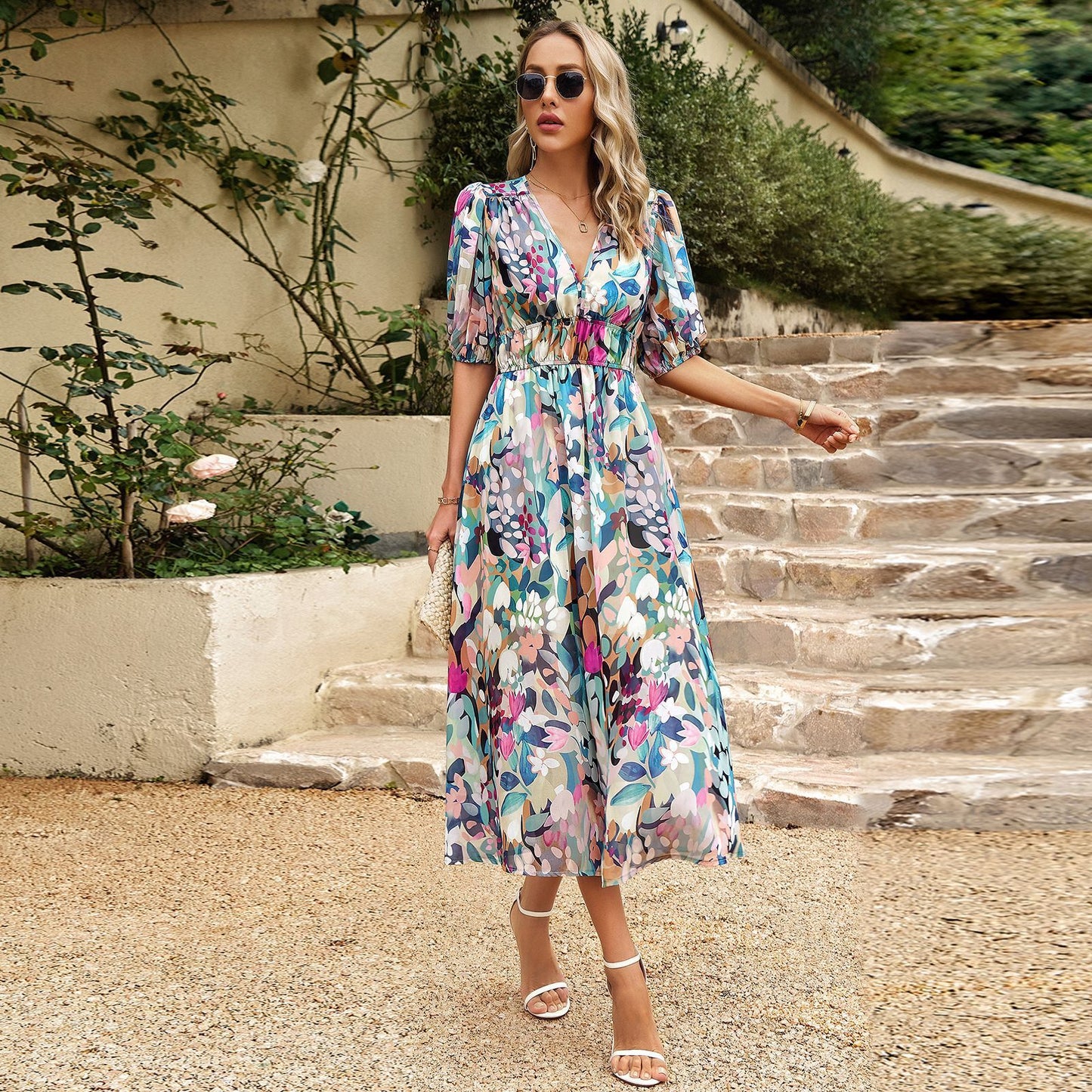 Elegant V-hals Sommer Print Kjole