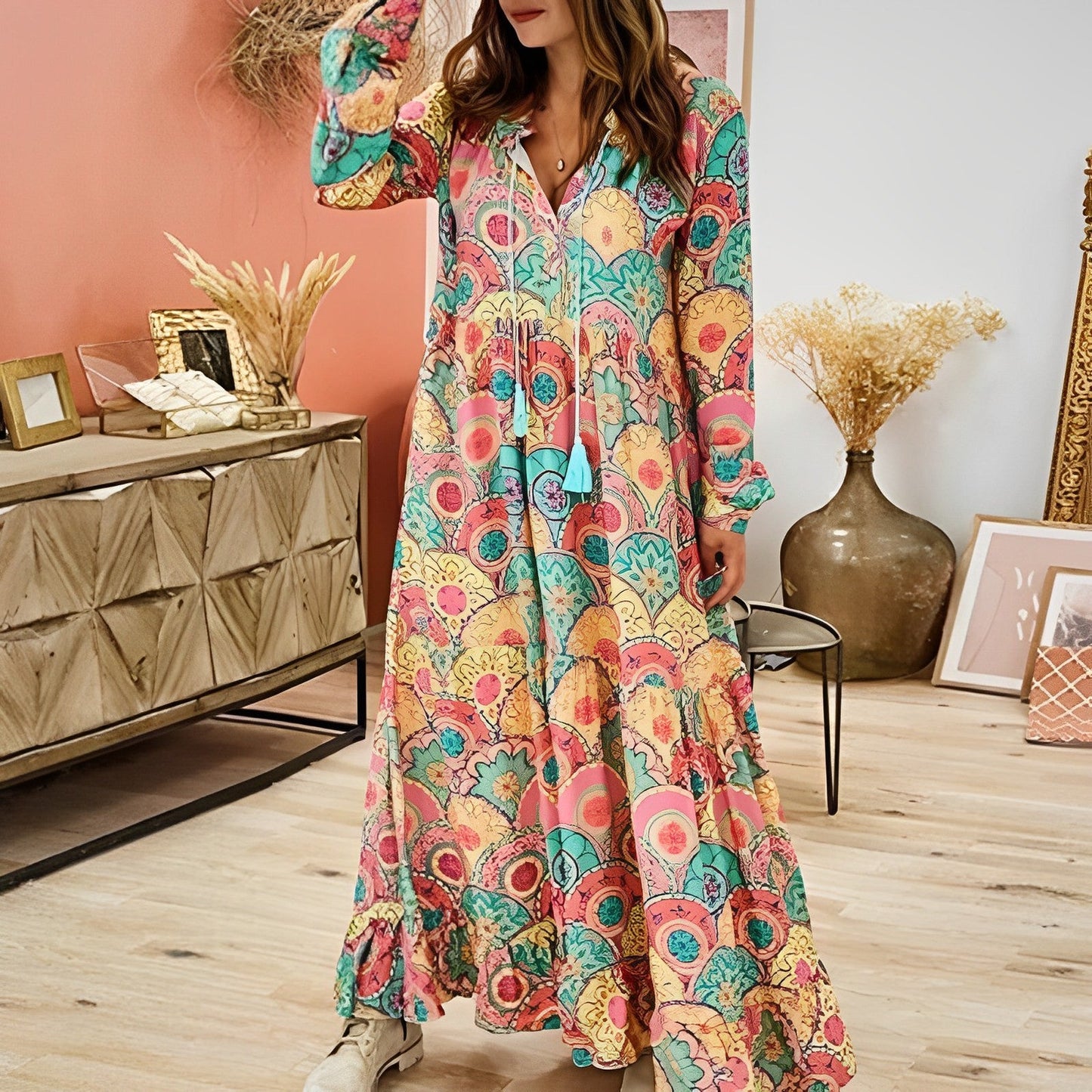 Boho Plisseret Flare Sleeve Dress