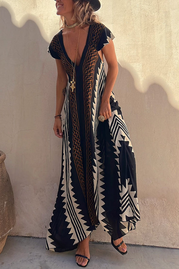 BEACH DATOER ETNISK TRYK A-LINE MAXI DRESS