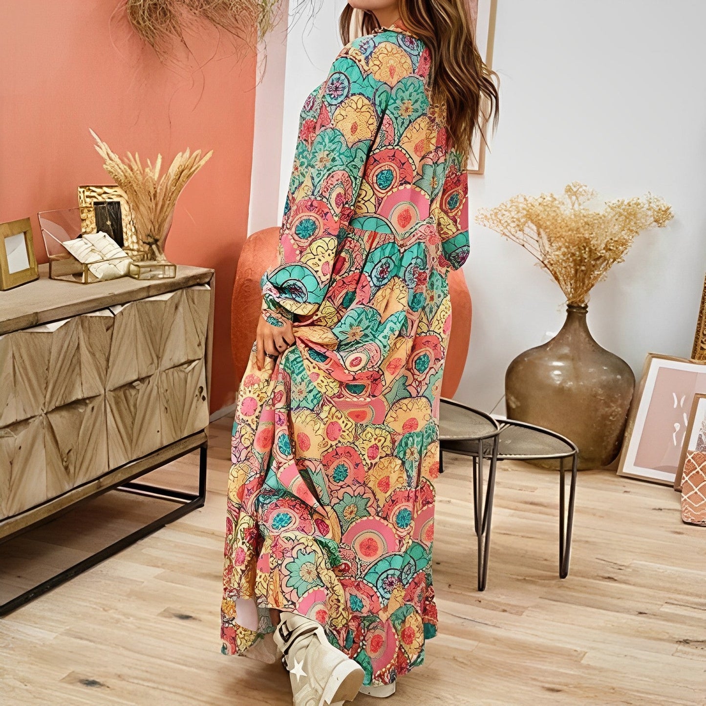 Boho Plisseret Flare Sleeve Dress