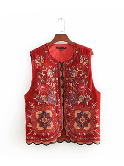 Winola - Pailletter Blomst Broderi Cardigan Patchwork Fløjl Vest