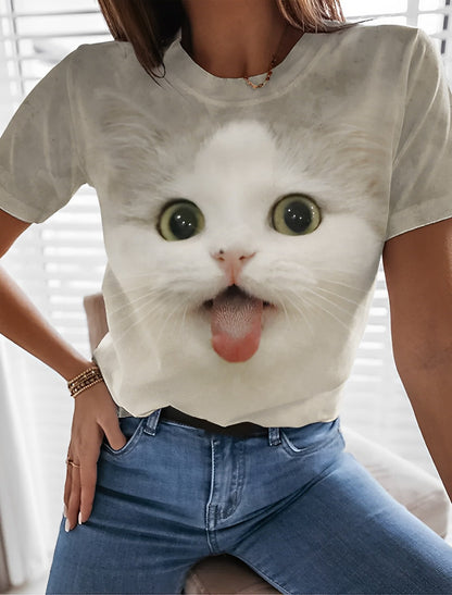 Kvinder T shirt grafisk kat Print kort ærme Daily Vintage rund hals 3D kat maleri